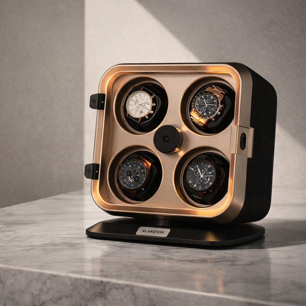 Watch winder with four watches on a marble surface