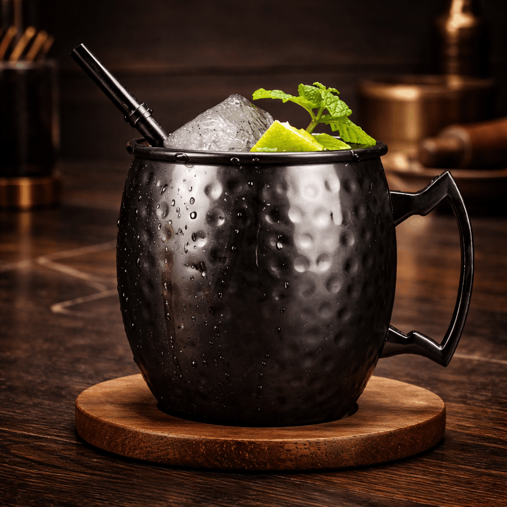 Black hammered cocktail mug with ice and lime on a wooden coaster