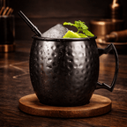 Black hammered cocktail mug with ice and lime on a wooden coaster