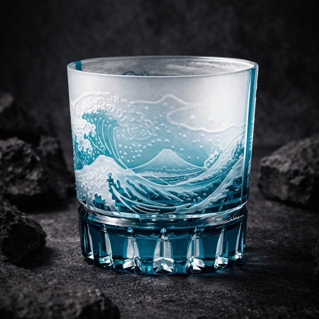 Glass with wave design on a dark textured background