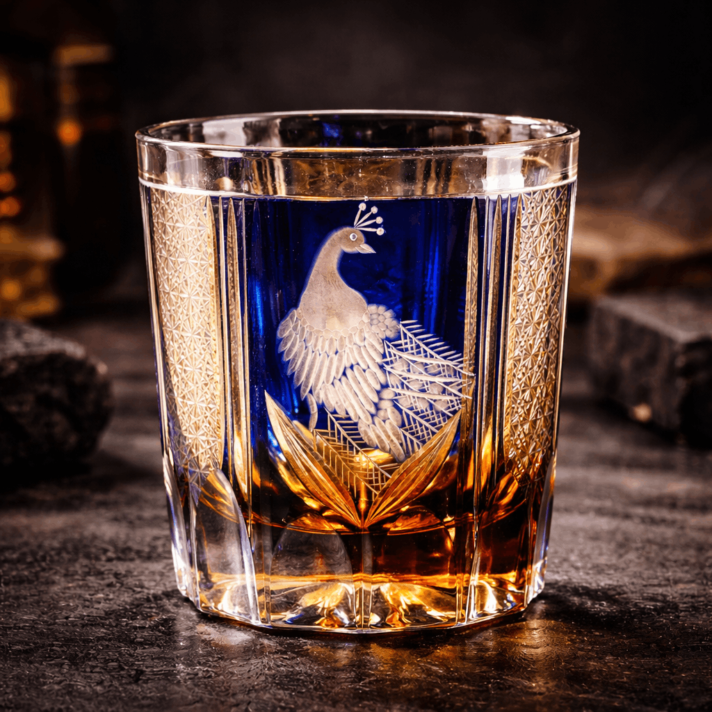 Edo Kiriko Peacock Engraved Luxury Whiskey Glass