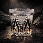 Decorative crystal glass with intricate patterns on a dark background