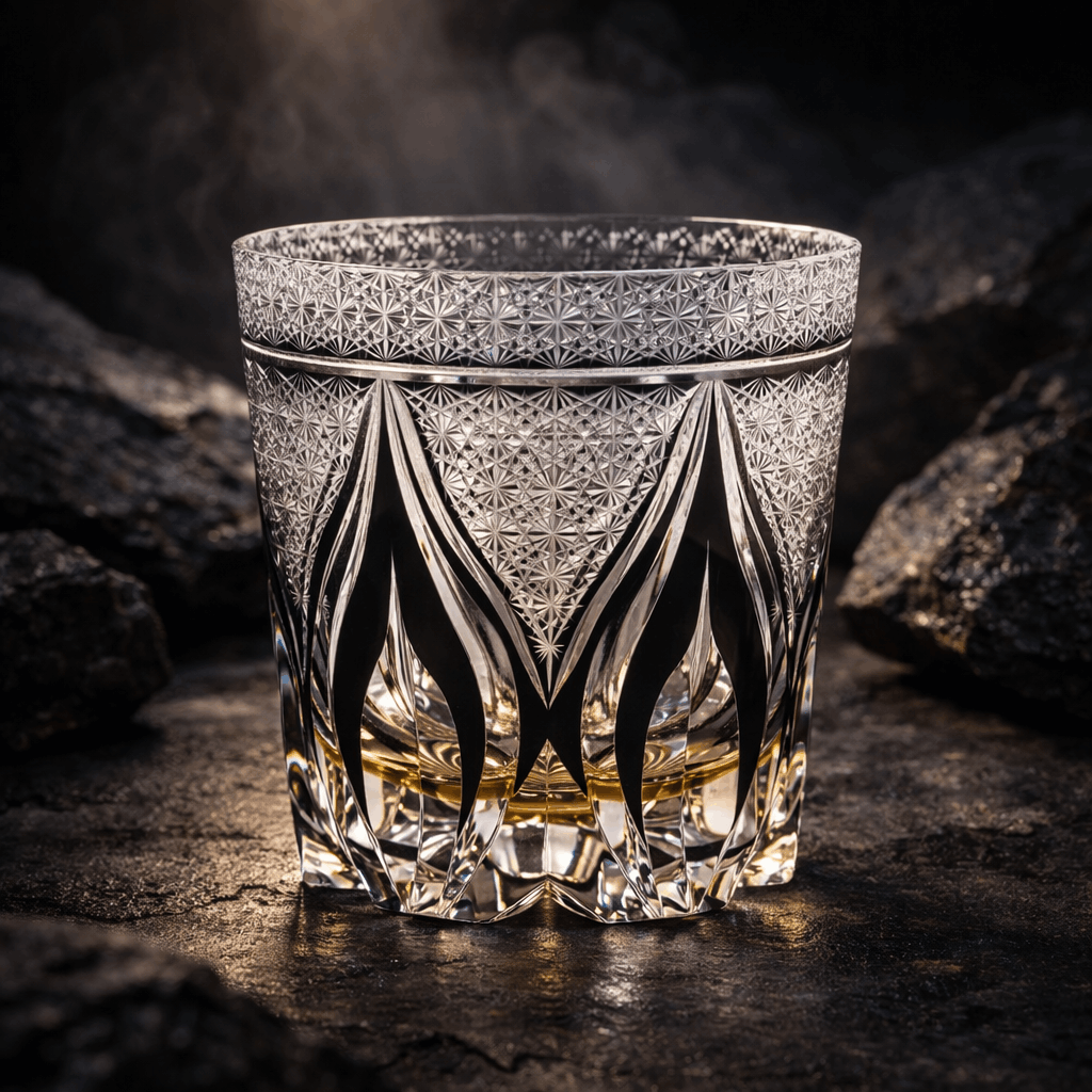 Decorative crystal glass with intricate patterns on a dark background