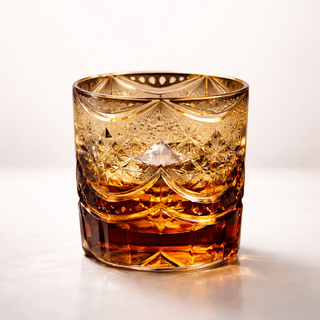 Decorative glass filled with a amber liquid on a white background