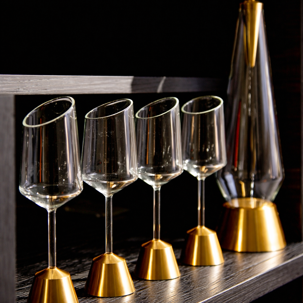 Four clear wine glasses with gold bases on a dark surface, next to a decanter.