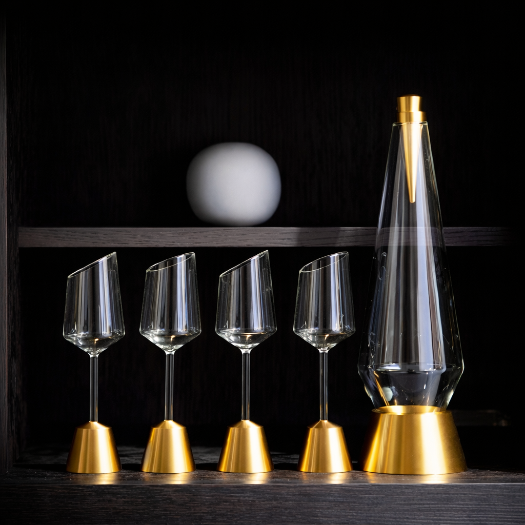 Set of four wine glasses with gold bases and a large decorative bottle on a dark background