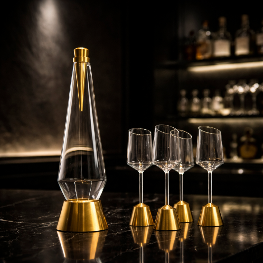 Clear bottle with gold cap and base, accompanied by four matching glasses on a dark surface.