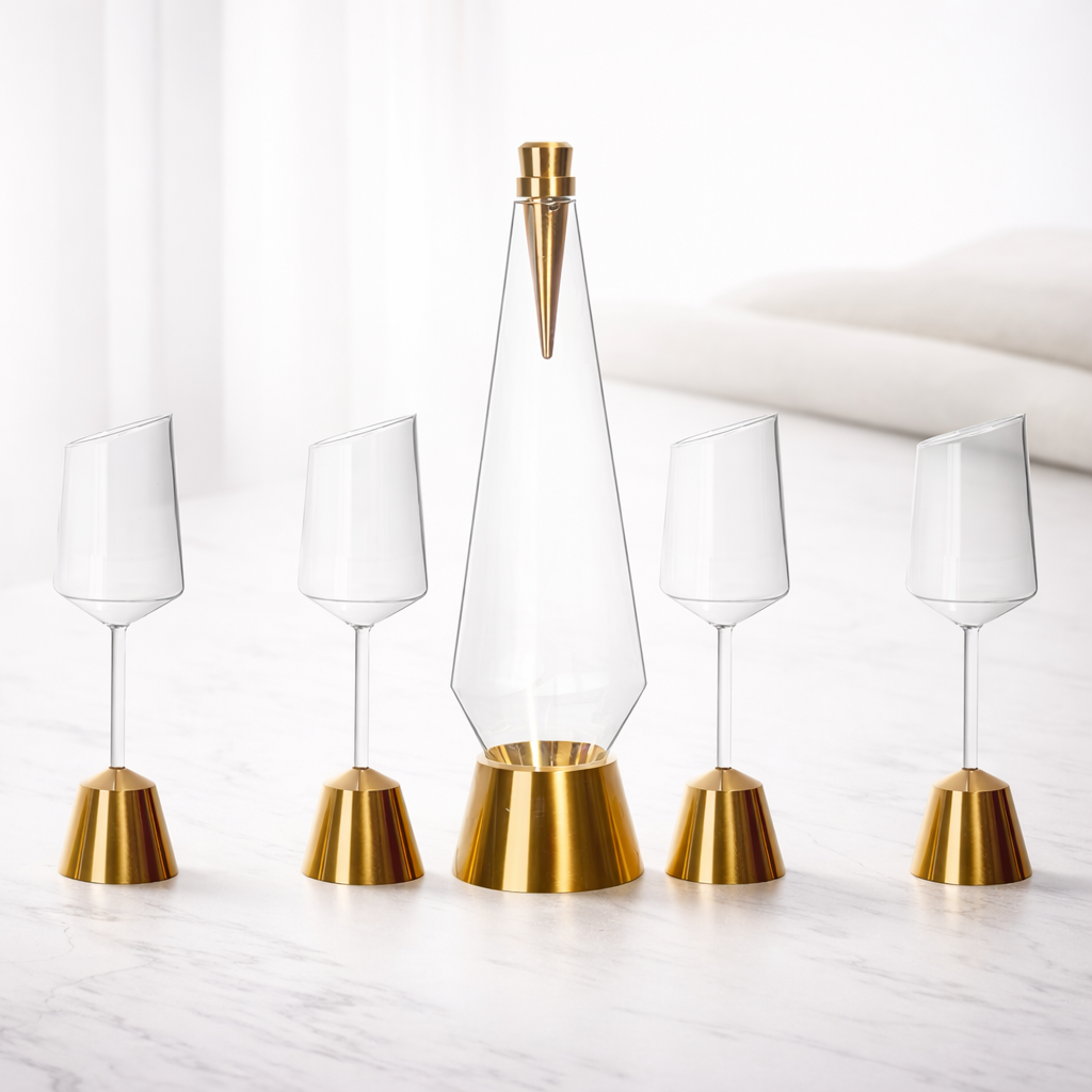 Set of glass and gold-toned lamps on a white background