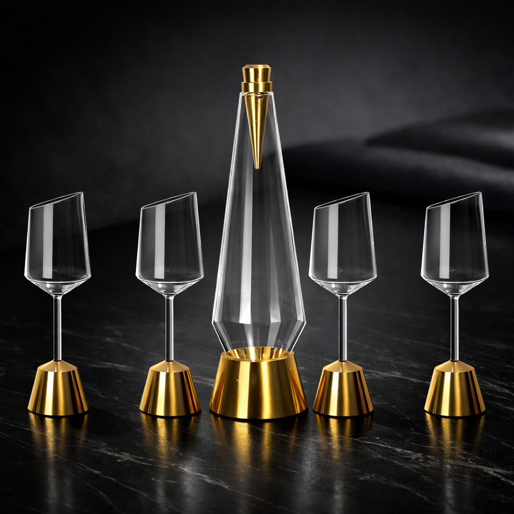 Clear decanter with gold base and four matching wine glasses on a dark surface