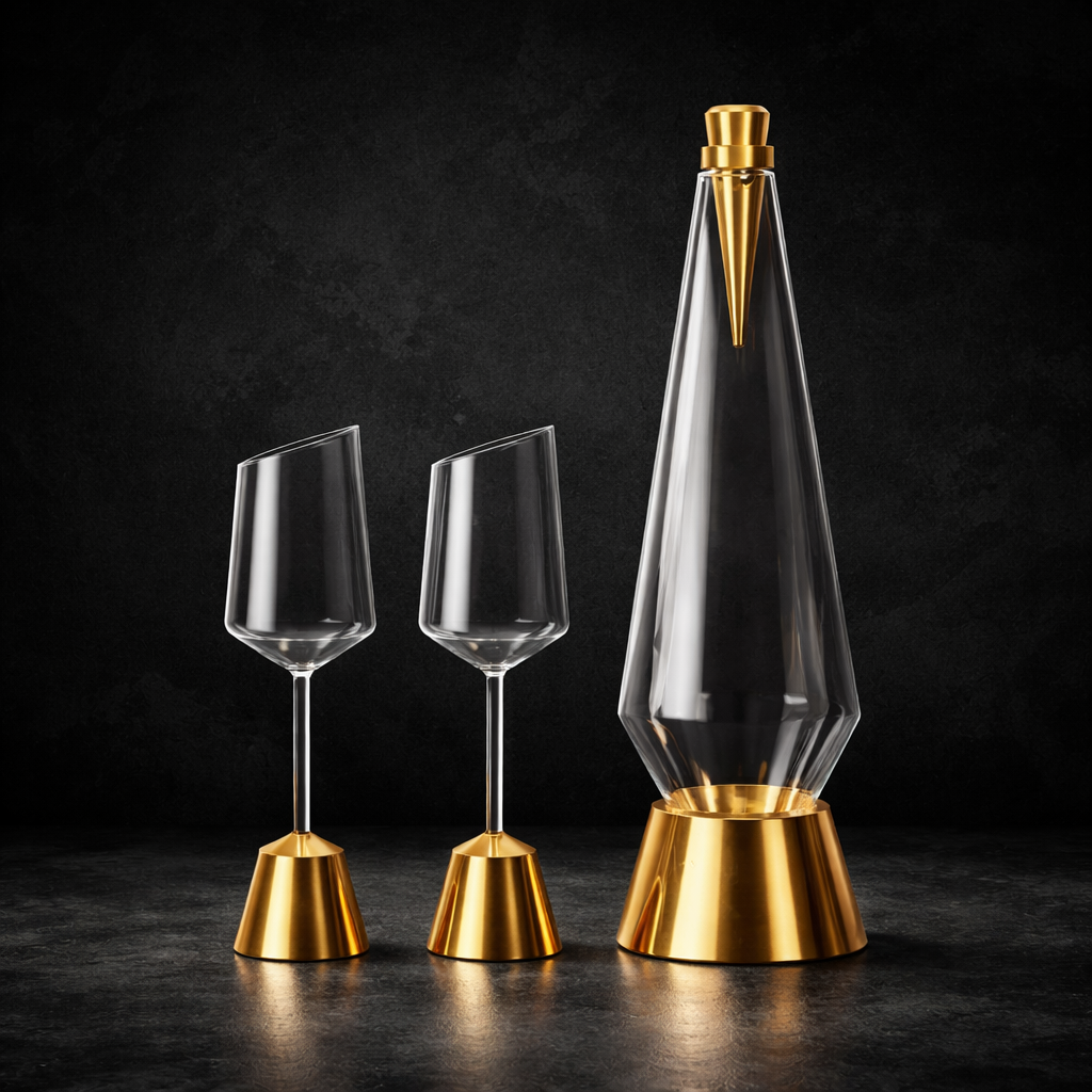 Set of clear wine glasses with gold bases on a dark background