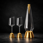 Set of clear wine glasses with gold bases on a dark background