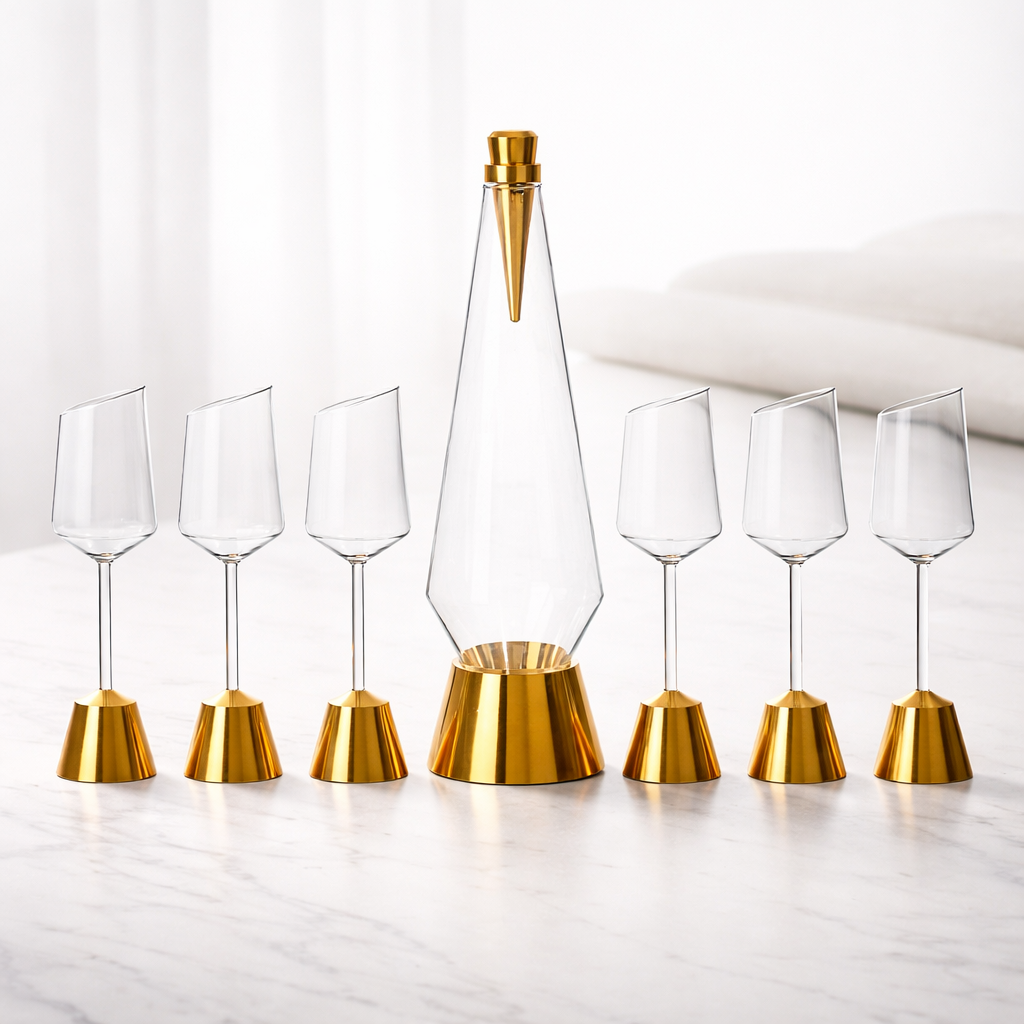 Wine decanter and glasses with gold bases on a white background