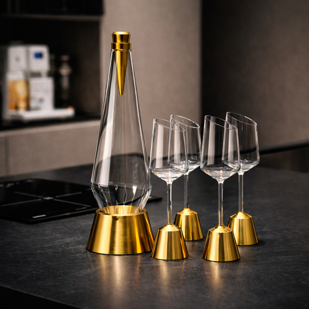 Clear carafe with gold base and four matching wine glasses on a dark surface.