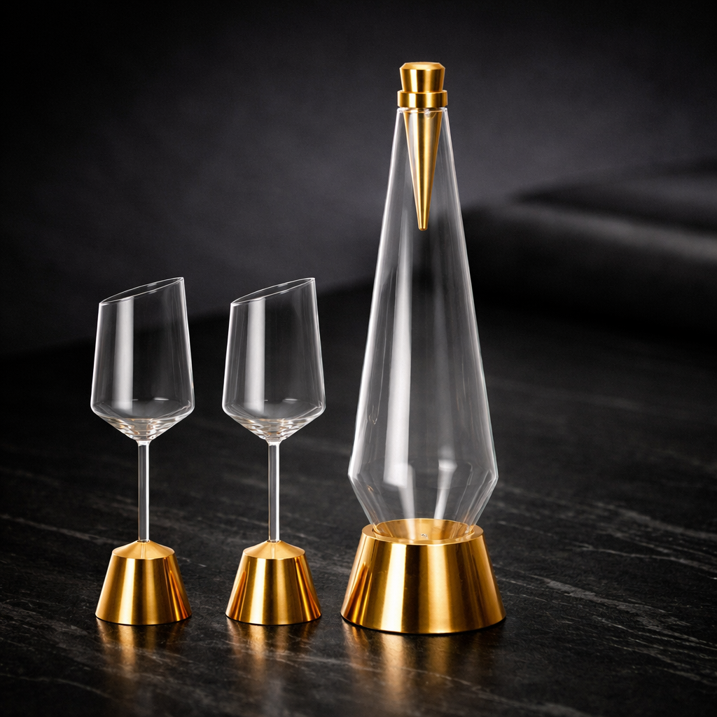 Clear decanter and wine glasses with gold bases on a dark surface