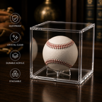 Baseball in a clear acrylic display case with features listed on a dark background