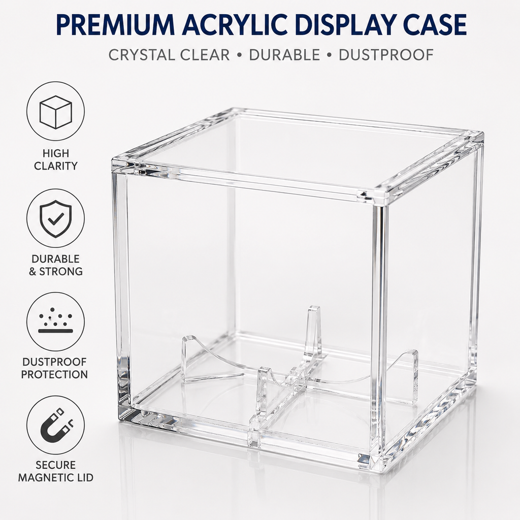 Clear acrylic display case with features listed on a white background
