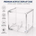 Clear acrylic display case with features listed on a white background