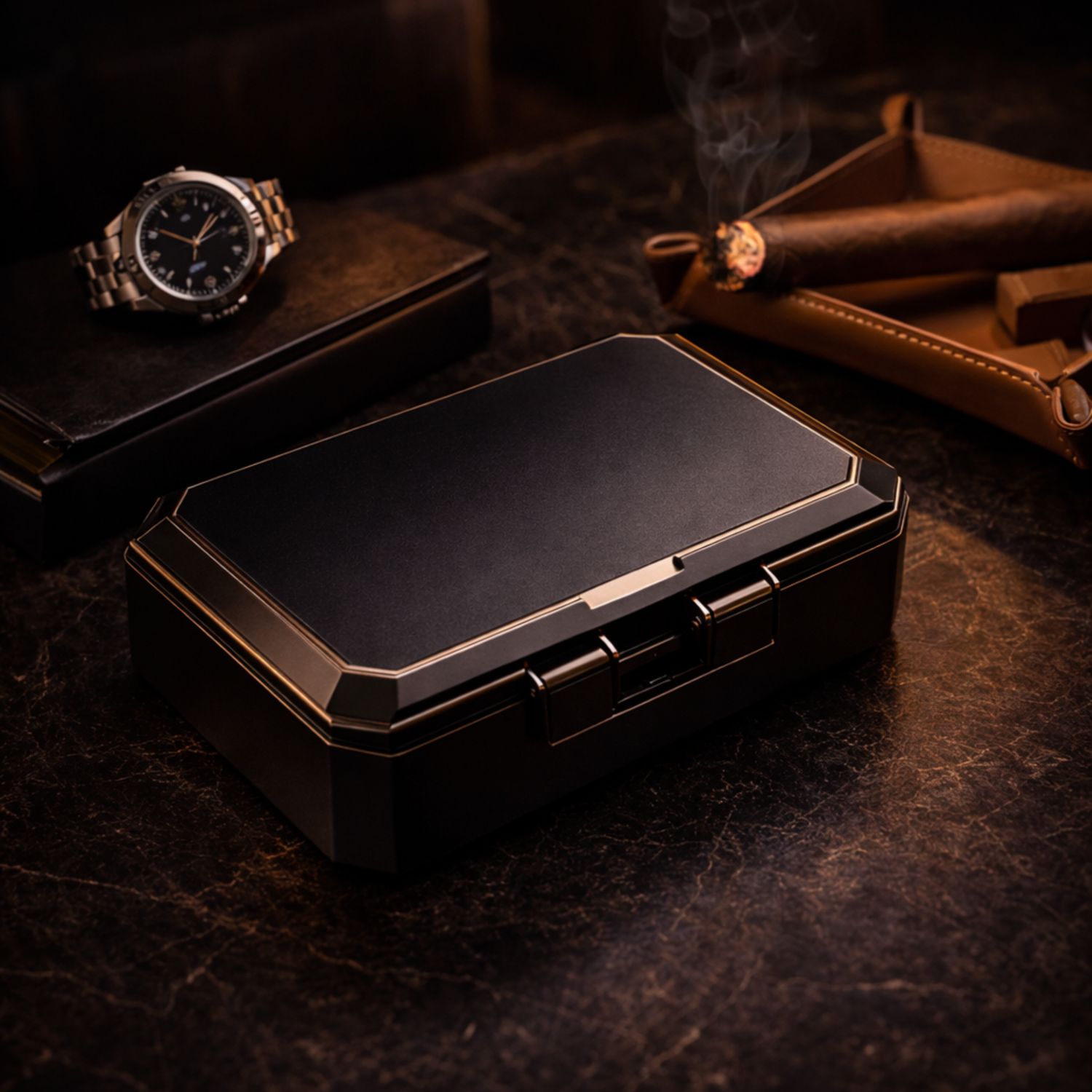 Black and gold smoking accessory on a dark surface with a watch and cigars in the background
