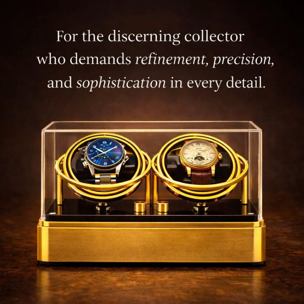 Two watches in a gold display case 