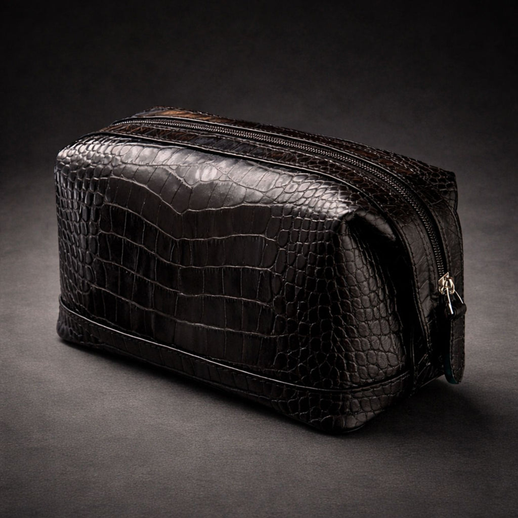 Black croc-effect leather toiletry bag for men travel grooming organizer
