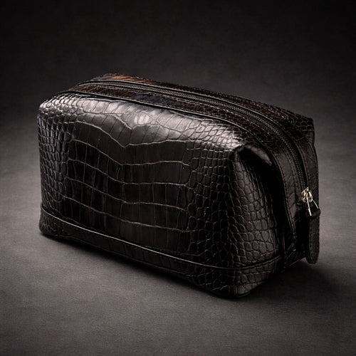 Black croc-effect leather toiletry bag for men travel grooming organizer