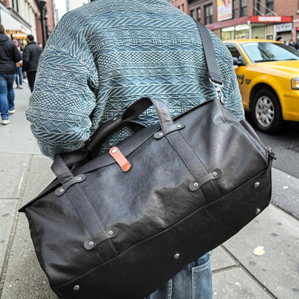 leather duffle bag men black travel weekender