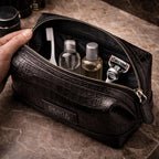 Men's leather wash bag designed for business travel