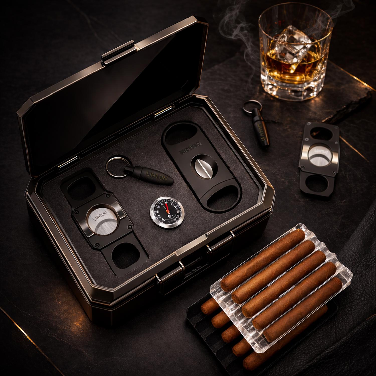 Cigar accessories set with a glass of whiskey on a dark surface