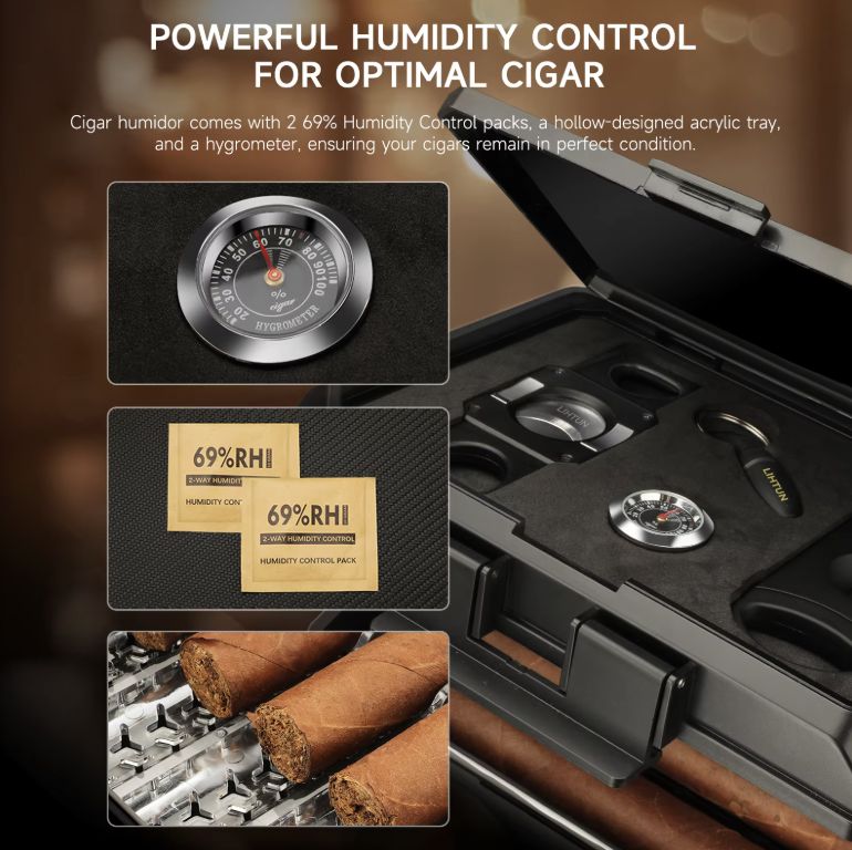 Cigar humidor with humidity control features and cigars inside, on a dark background.