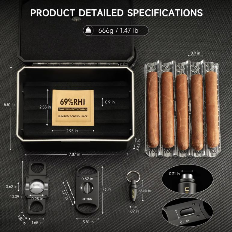 Cigar humidor with detailed specifications on a black background