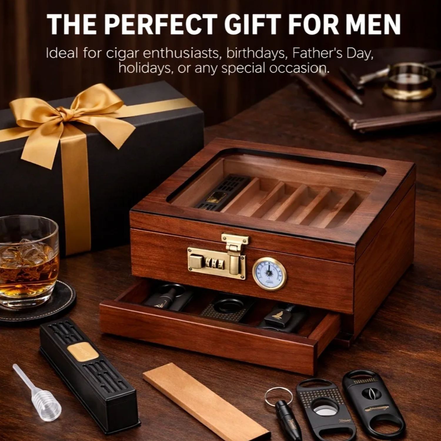 Wooden  cigar humidor with accessories on a wooden surface, gift box with gold ribbon, and text 'The Perfect Gift for Men'.