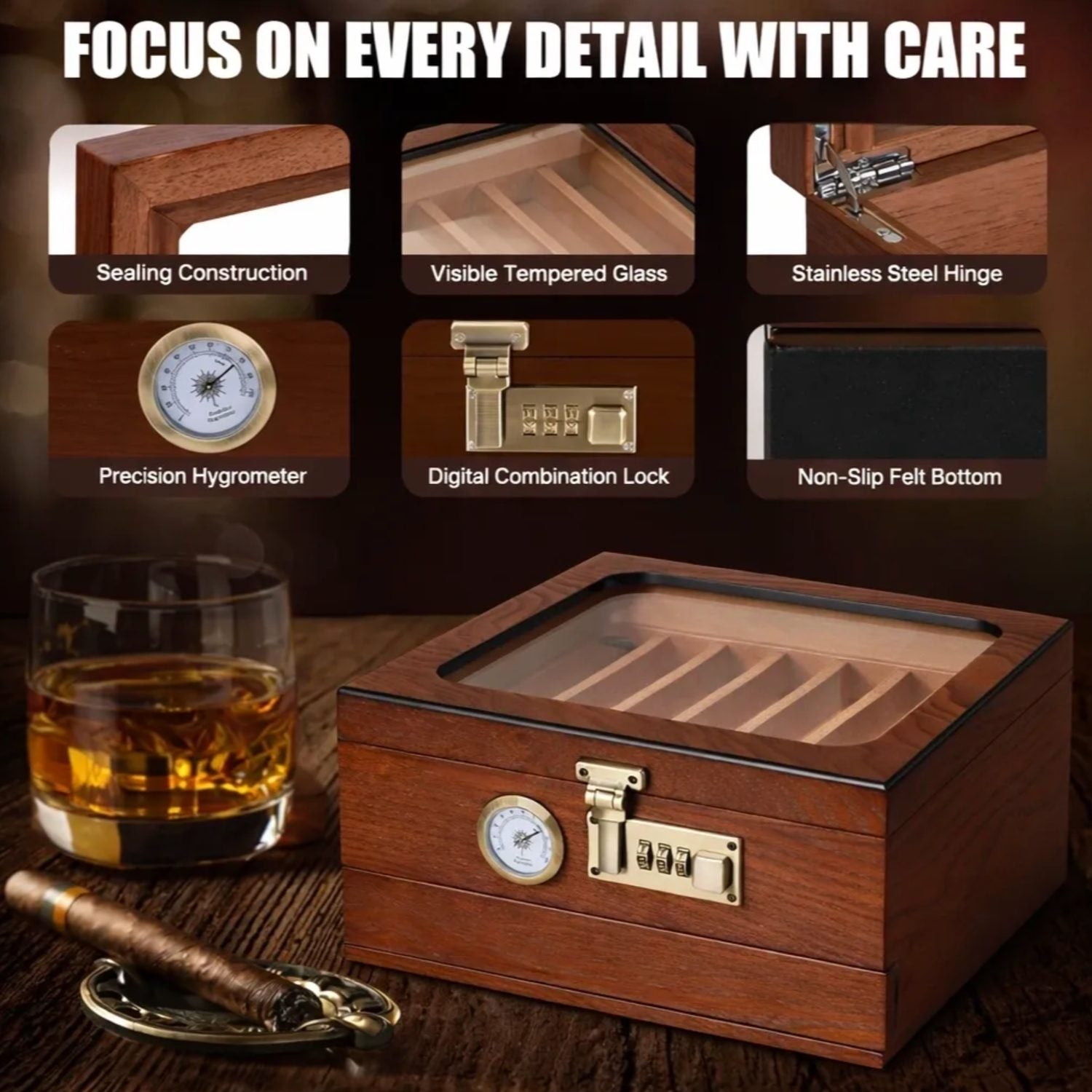 Wooden humidor with detailed features and a glass of whiskey on a wooden surface.