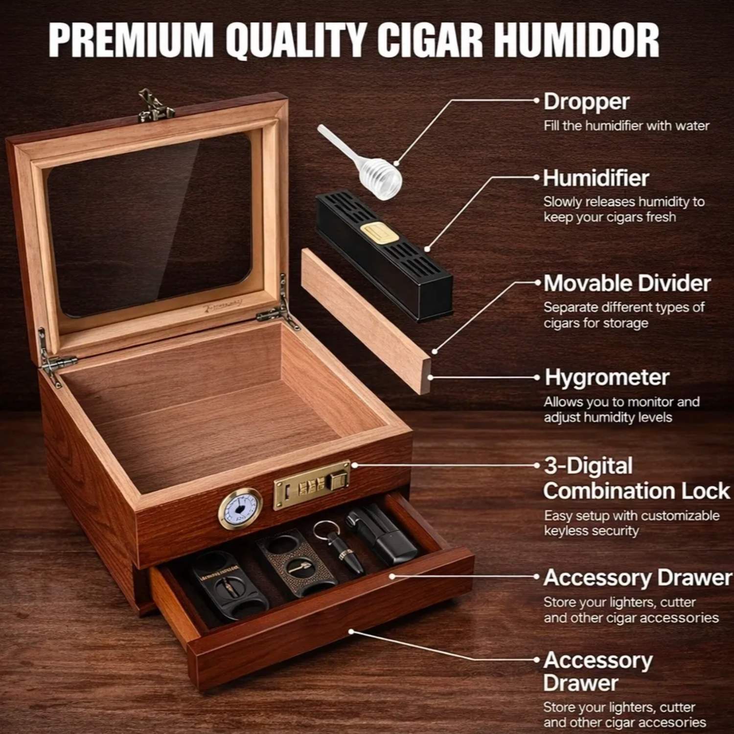 Wooden cigar humidor with labeled components on a wooden background