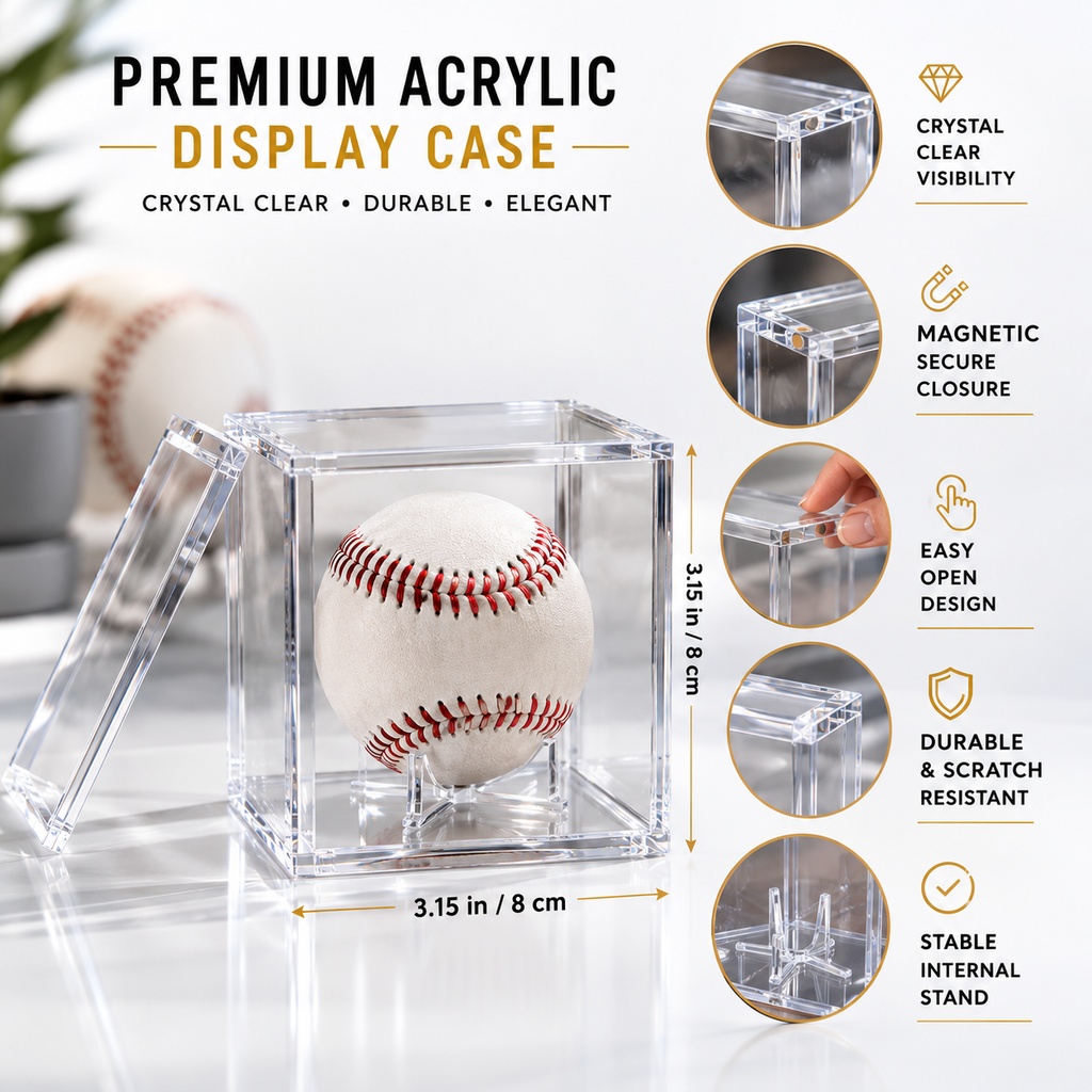 Clear acrylic display case with a baseball, featuring text on its benefits.