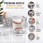 Clear acrylic display case with a baseball, featuring text on its benefits.