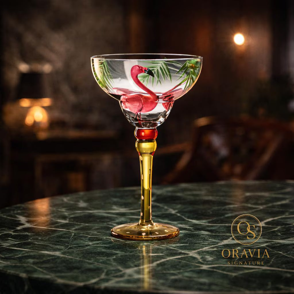 Cocktail glass with flamingo and leaf design on a dark background, featuring the Oravia Signature logo.