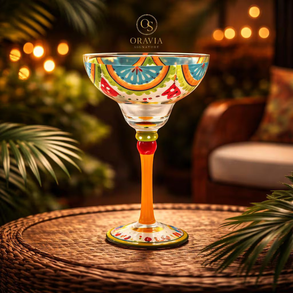 Decorative cocktail glass with colorful design on a wooden table, featuring the Oravia brand.