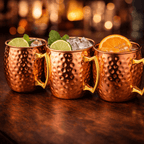 Three copper mugs with drinks garnished with lime and orange on a wooden surface.