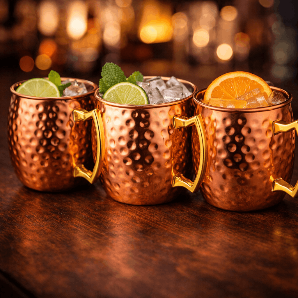 Three copper mugs with drinks garnished with lime and orange on a wooden surface.