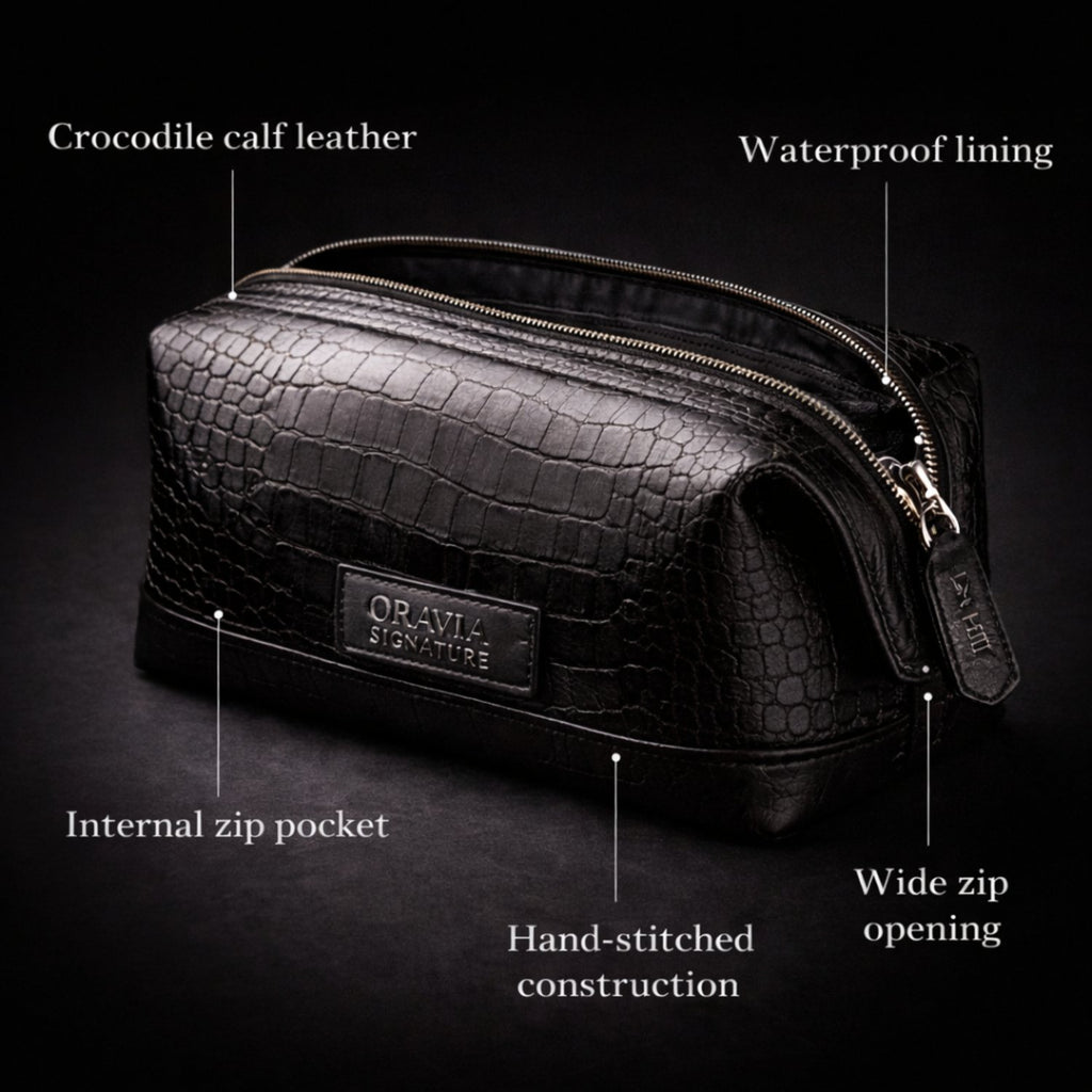 Croc-embossed leather toiletry bag with extended zip opening