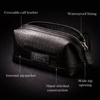 Croc-embossed leather toiletry bag with extended zip opening
