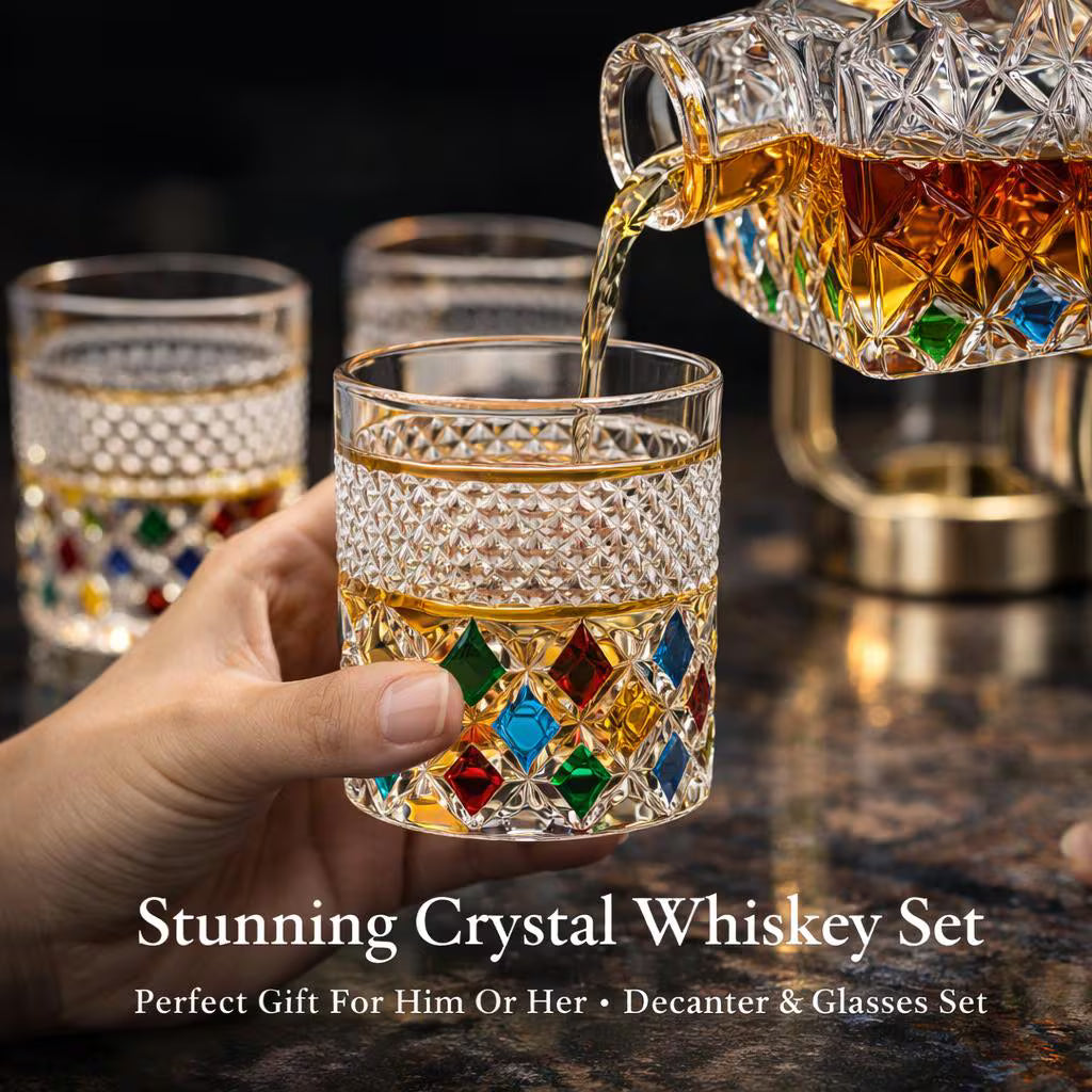 Stunning crystal whiskey set with decanter and glasses being poured on a dark background.