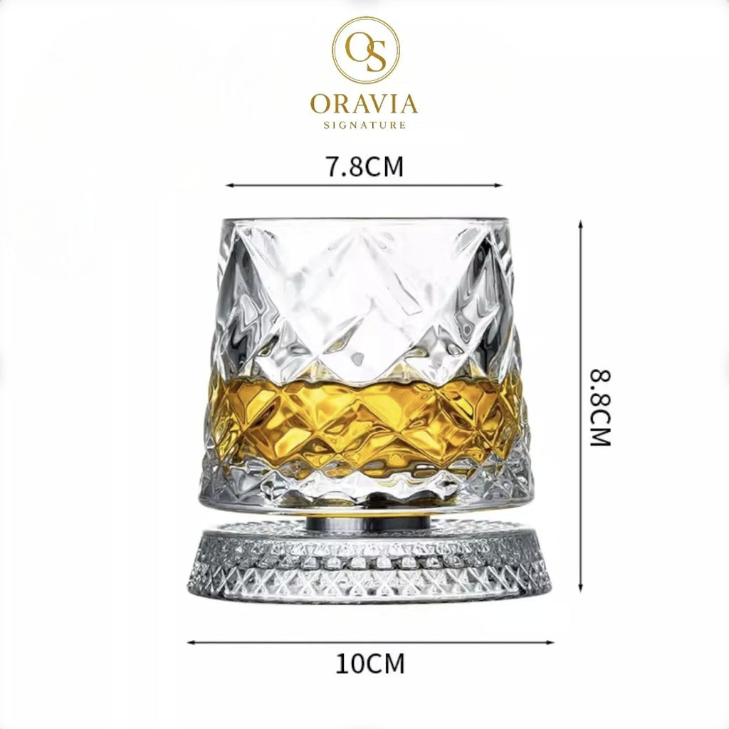 Crystal glass with dimensions and Oravia branding on a white background