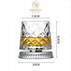 Crystal glass with dimensions and Oravia branding on a white background