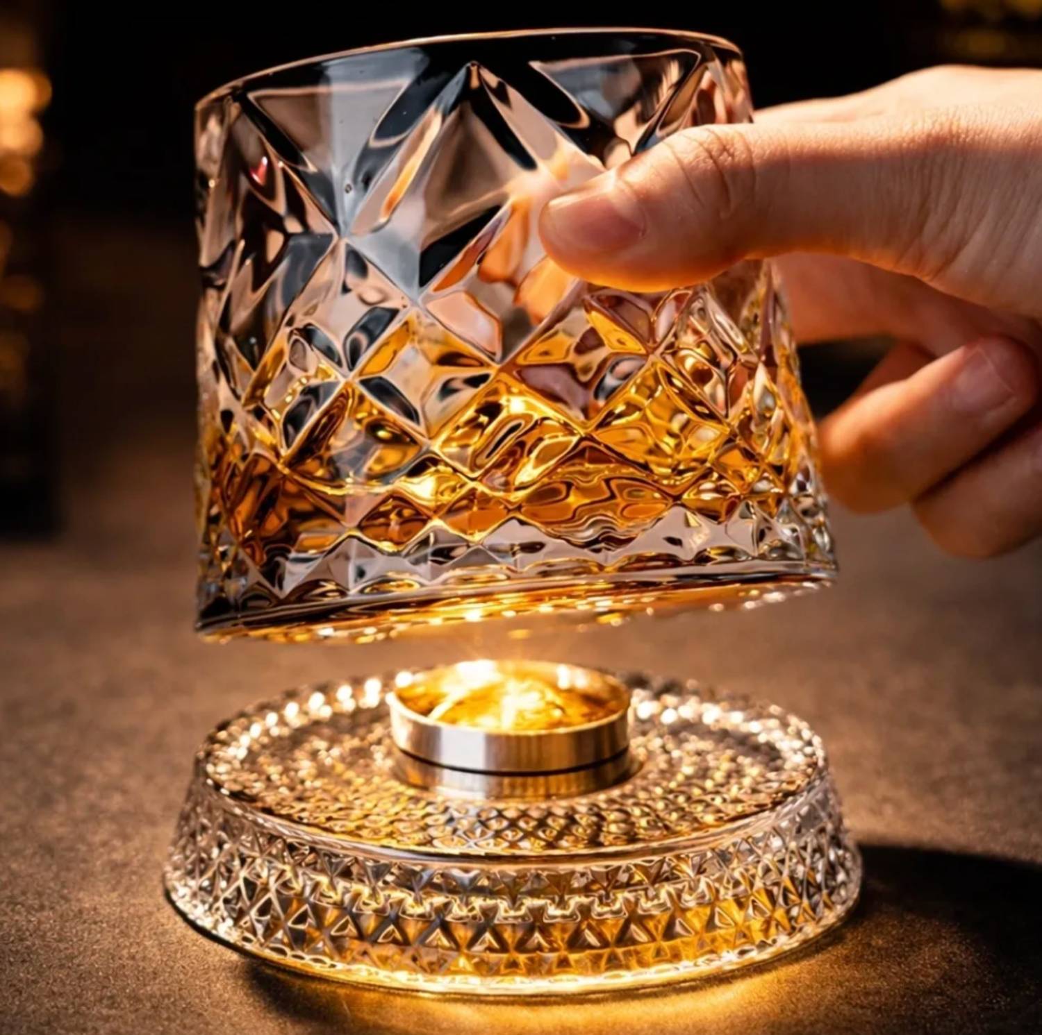 Hand holding a crystal glass filled with a golden liquid on a matching crystal coaster.