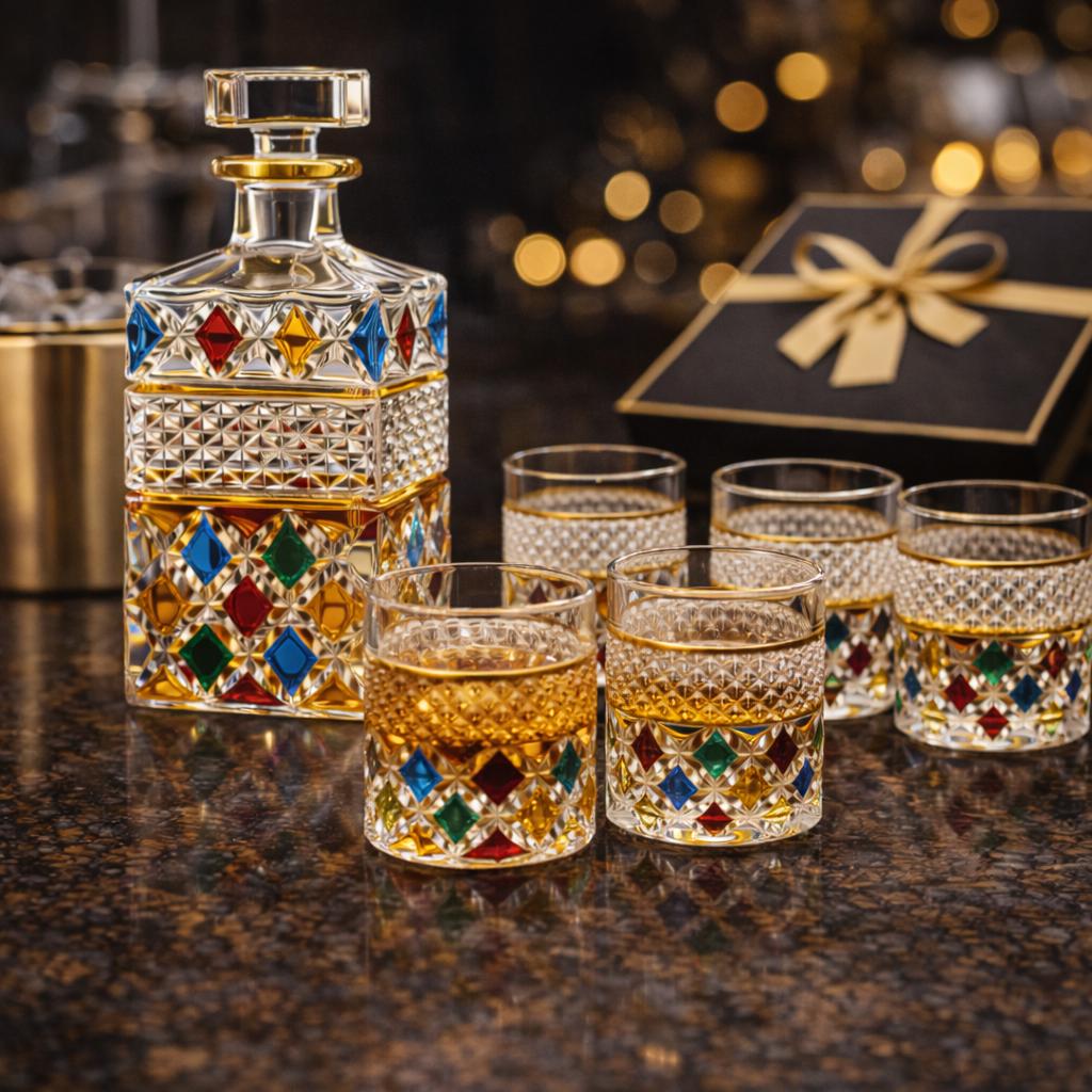 Decorative whiskey decanter and glasses with gemstone accents on a dark surface.