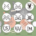 Collection of personalized monogram designs on a golf-themed background