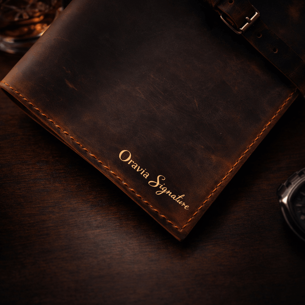 Professional leather conference folder with compartments for cards, phone, and papers