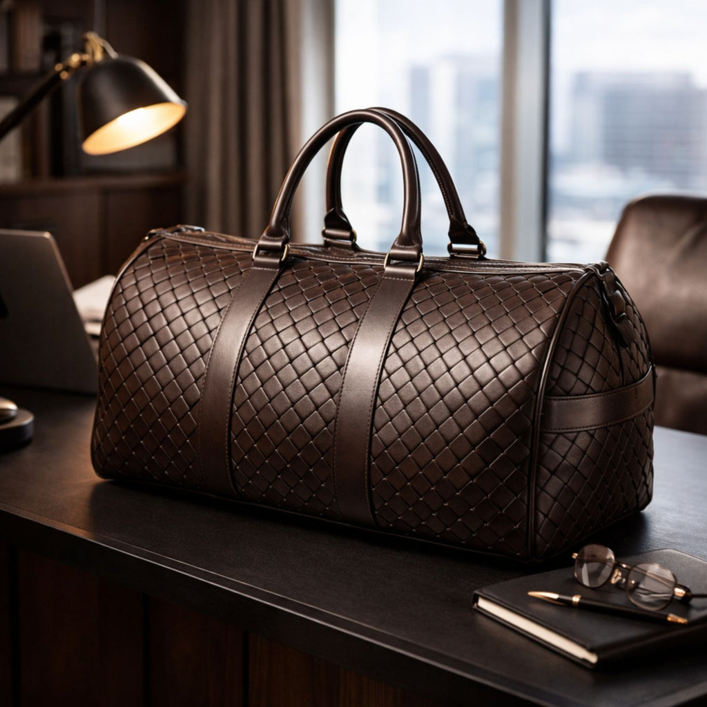 Brown woven duffel bag on a desk with office items in the background