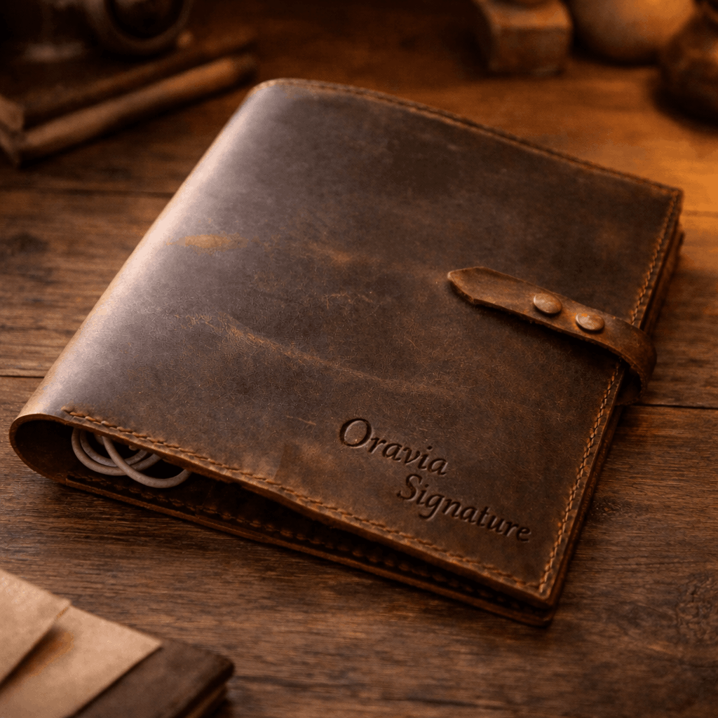 Full grain leather portfolio folder with document pockets and card slots for professional organization